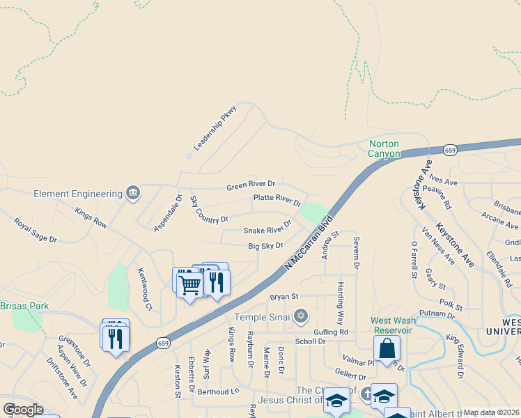 map of restaurants, bars, coffee shops, grocery stores, and more near 3210 Platte River Drive in Reno