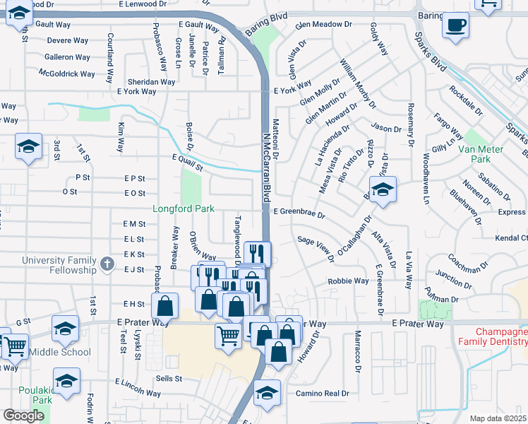 map of restaurants, bars, coffee shops, grocery stores, and more near N McCarran Blvd & E Greenbrae Dr in Sparks