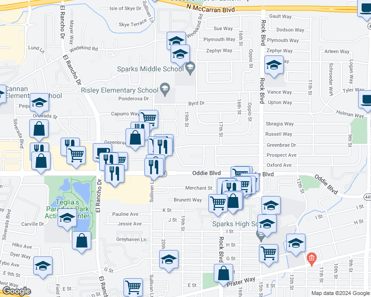 map of restaurants, bars, coffee shops, grocery stores, and more near 1875 Greenbrae Drive in Sparks