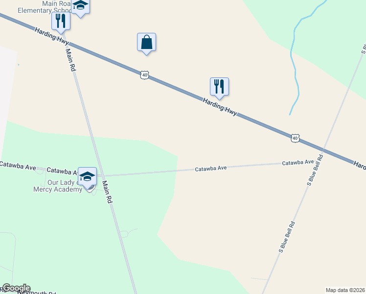 map of restaurants, bars, coffee shops, grocery stores, and more near 1445 Catawba Avenue in Newfield