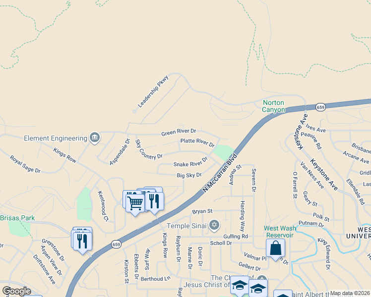 map of restaurants, bars, coffee shops, grocery stores, and more near 3210 Platte River Drive in Reno
