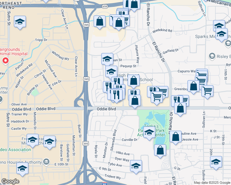 map of restaurants, bars, coffee shops, grocery stores, and more near 1901 Silverada Boulevard in Reno