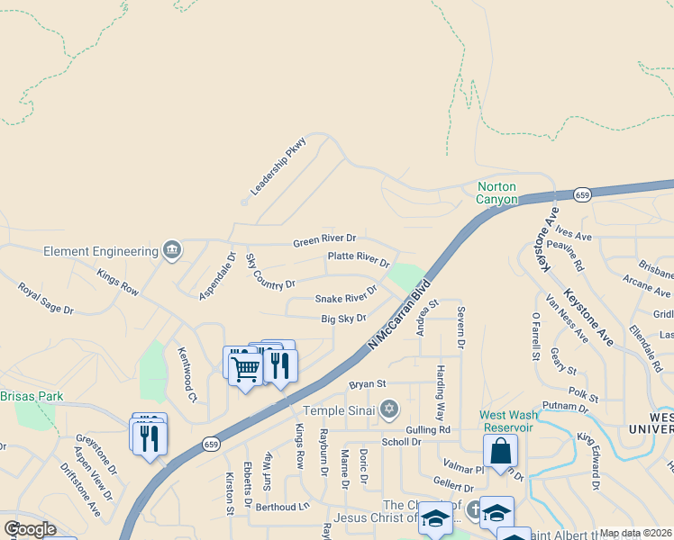 map of restaurants, bars, coffee shops, grocery stores, and more near 3210 Platte River Drive in Reno