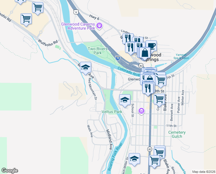 map of restaurants, bars, coffee shops, grocery stores, and more near 710 Cowdin Drive in Glenwood Springs