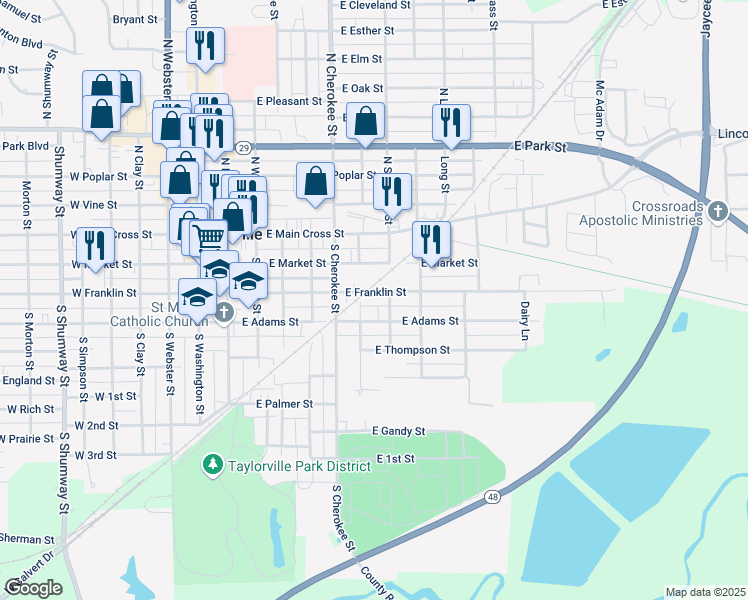 map of restaurants, bars, coffee shops, grocery stores, and more near 703 East Franklin Street in Taylorville