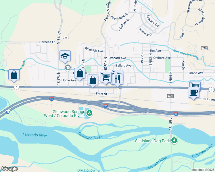 map of restaurants, bars, coffee shops, grocery stores, and more near 710 Main Street in Silt