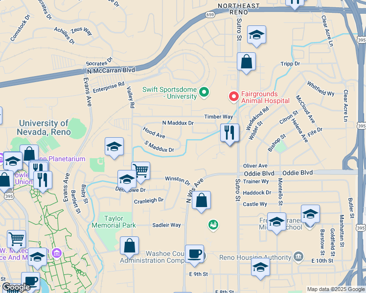 map of restaurants, bars, coffee shops, grocery stores, and more near 190 South Maddux Drive in Reno