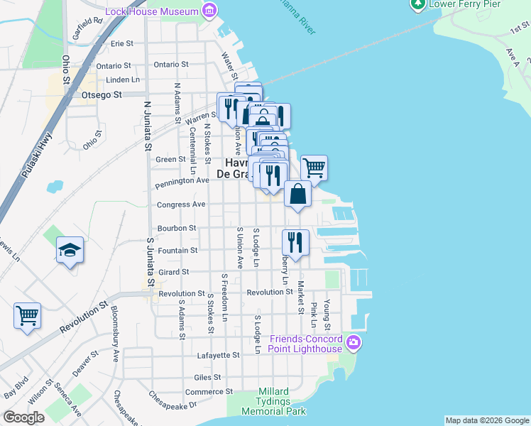 map of restaurants, bars, coffee shops, grocery stores, and more near 112 South Washington Street in Havre de Grace