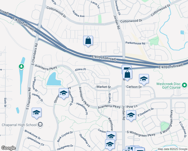 map of restaurants, bars, coffee shops, grocery stores, and more near 9305 Las Ramblas Court in Parker
