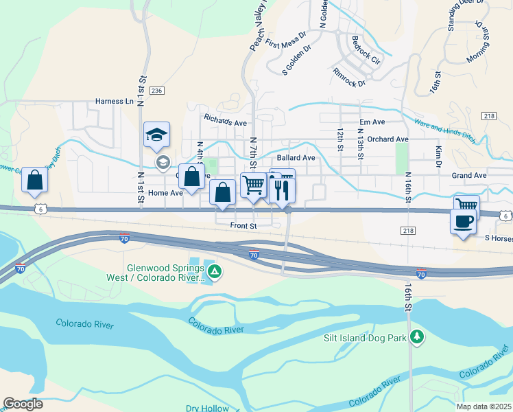 map of restaurants, bars, coffee shops, grocery stores, and more near 710 Main Street in Silt