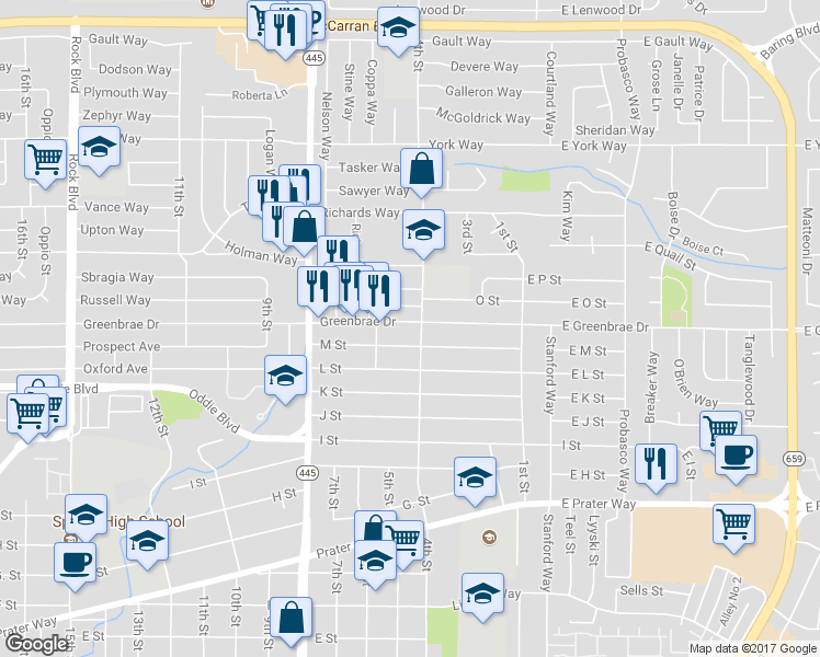 map of restaurants, bars, coffee shops, grocery stores, and more near 1602 4th Street in Sparks
