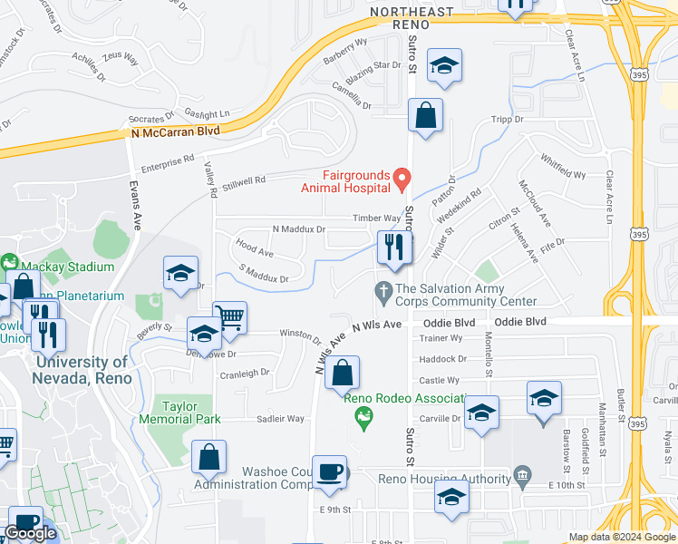 map of restaurants, bars, coffee shops, grocery stores, and more near 1647 Wedekind Road in Reno