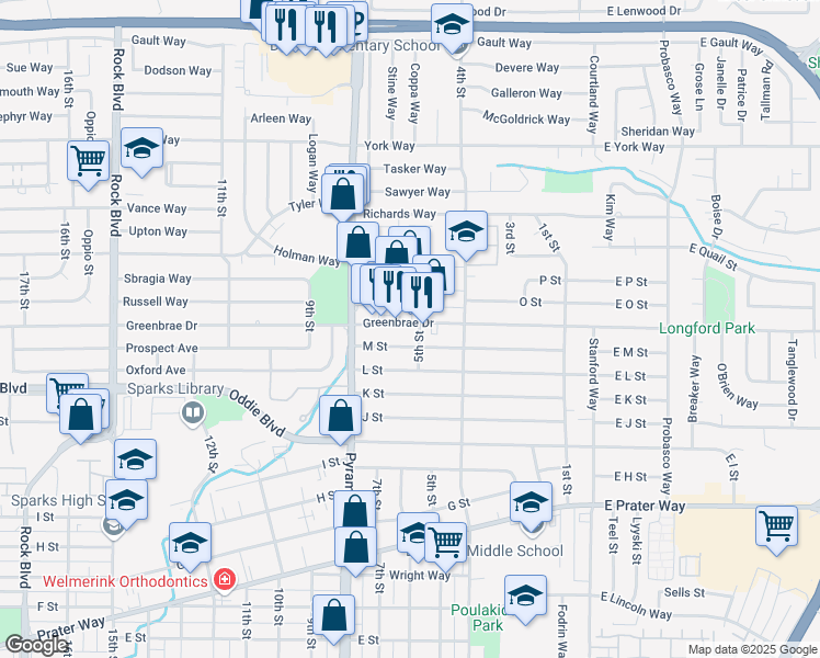 map of restaurants, bars, coffee shops, grocery stores, and more near 610 Greenbrae Drive in Sparks