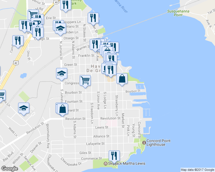 map of restaurants, bars, coffee shops, grocery stores, and more near 110 South Washington Street in Havre de Grace