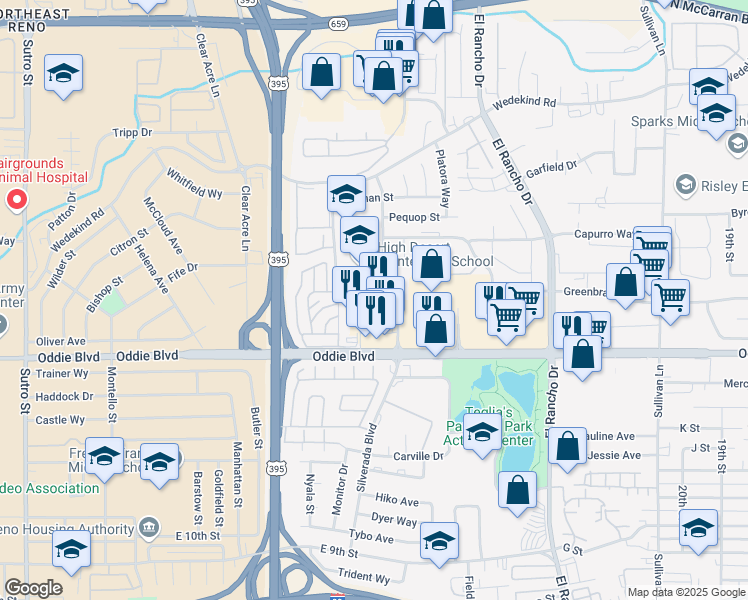 map of restaurants, bars, coffee shops, grocery stores, and more near 1901 Silverada Boulevard in Reno