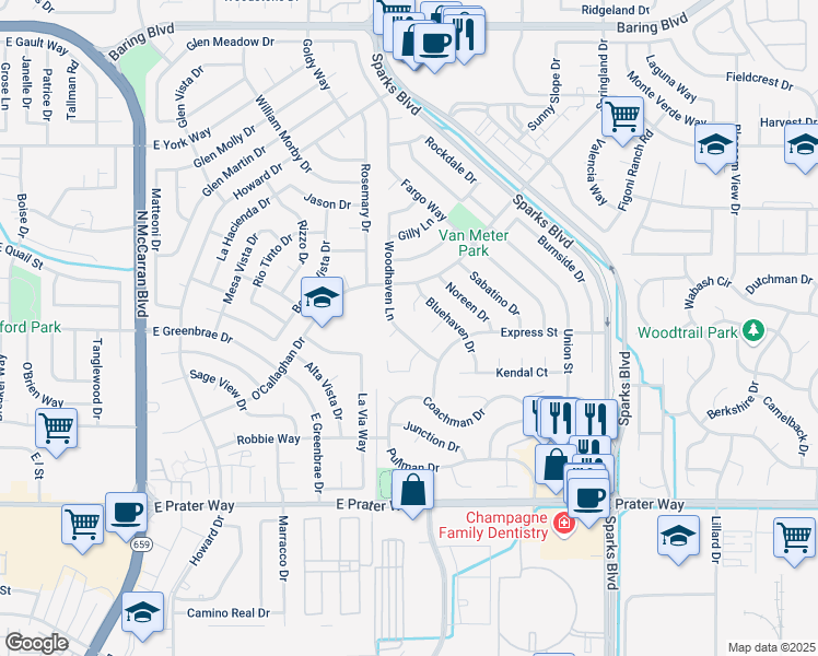 map of restaurants, bars, coffee shops, grocery stores, and more near 1582 Woodhaven Lane in Sparks