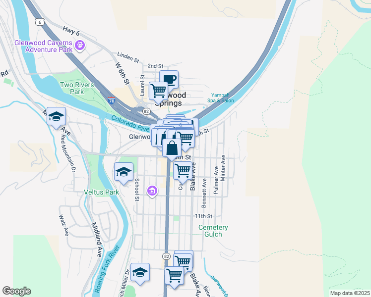 map of restaurants, bars, coffee shops, grocery stores, and more near 710 Cooper Avenue in Glenwood Springs
