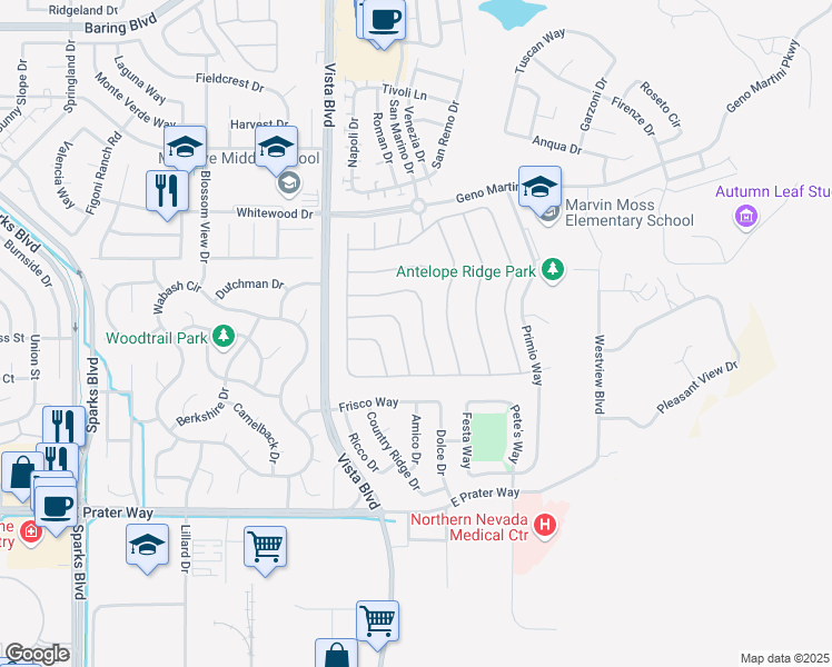 map of restaurants, bars, coffee shops, grocery stores, and more near 1555 Cosenza Drive in Sparks