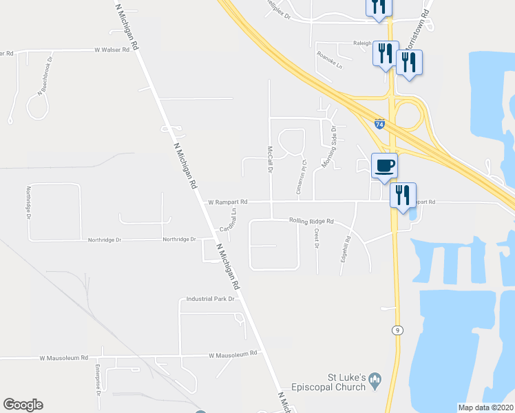 map of restaurants, bars, coffee shops, grocery stores, and more near 205 West Rampart Road in Shelbyville
