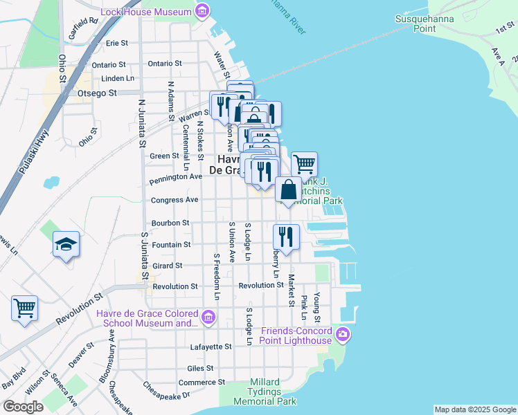 map of restaurants, bars, coffee shops, grocery stores, and more near 110 South Washington Street in Havre de Grace