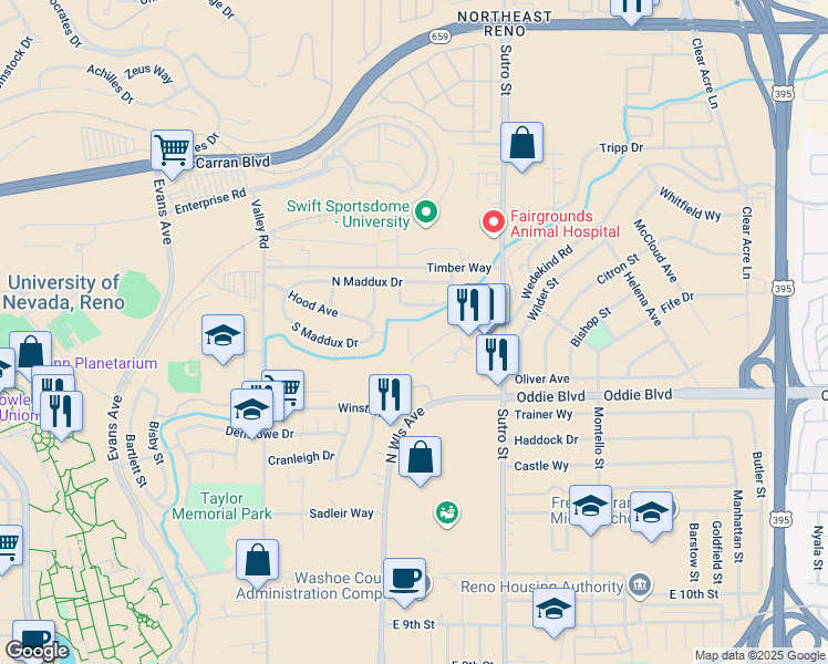 map of restaurants, bars, coffee shops, grocery stores, and more near 1647 Wedekind Road in Reno