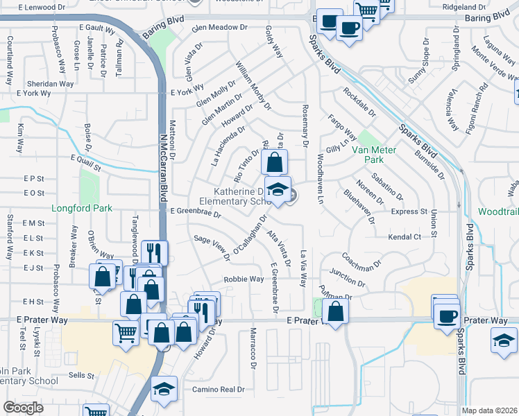 map of restaurants, bars, coffee shops, grocery stores, and more near 967 Rio Vista Drive in Sparks