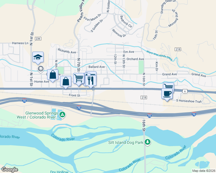 map of restaurants, bars, coffee shops, grocery stores, and more near 1103 Domelby Court in Silt