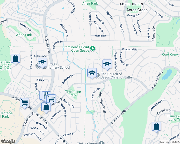 map of restaurants, bars, coffee shops, grocery stores, and more near 9309 Erminedale Drive in Lone Tree