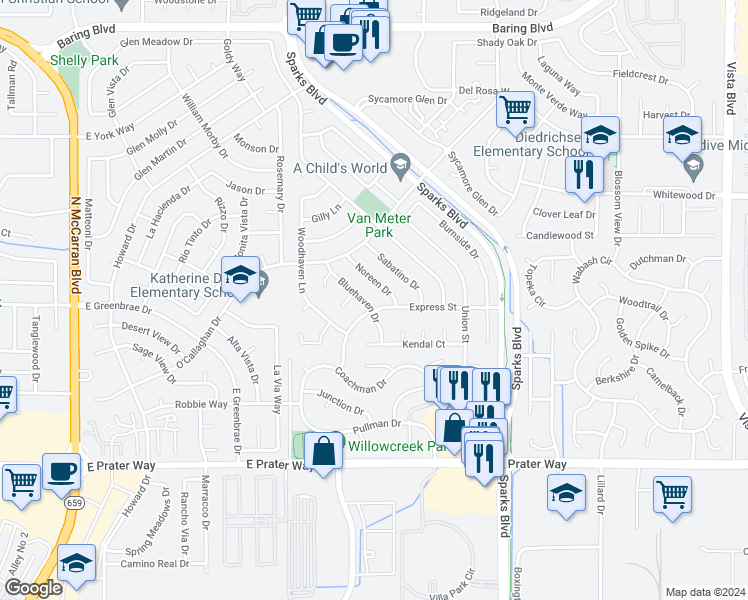 map of restaurants, bars, coffee shops, grocery stores, and more near 1618 Bluehaven Drive in Sparks