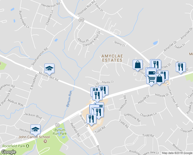map of restaurants, bars, coffee shops, grocery stores, and more near 1216 Bancroft Ct in Bel Air
