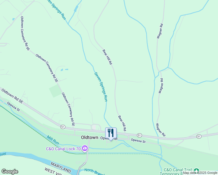 map of restaurants, bars, coffee shops, grocery stores, and more near 18405 Bear Hill Road in Oldtown
