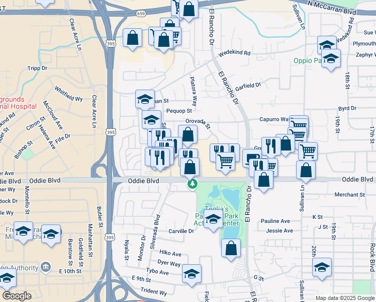 map of restaurants, bars, coffee shops, grocery stores, and more near 2424 Silverada Boulevard in Reno