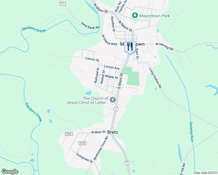 map of restaurants, bars, coffee shops, grocery stores, and more near 28 Cherry St in Masontown