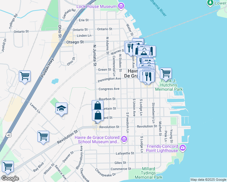map of restaurants, bars, coffee shops, grocery stores, and more near 654 Congress Avenue in Havre de Grace