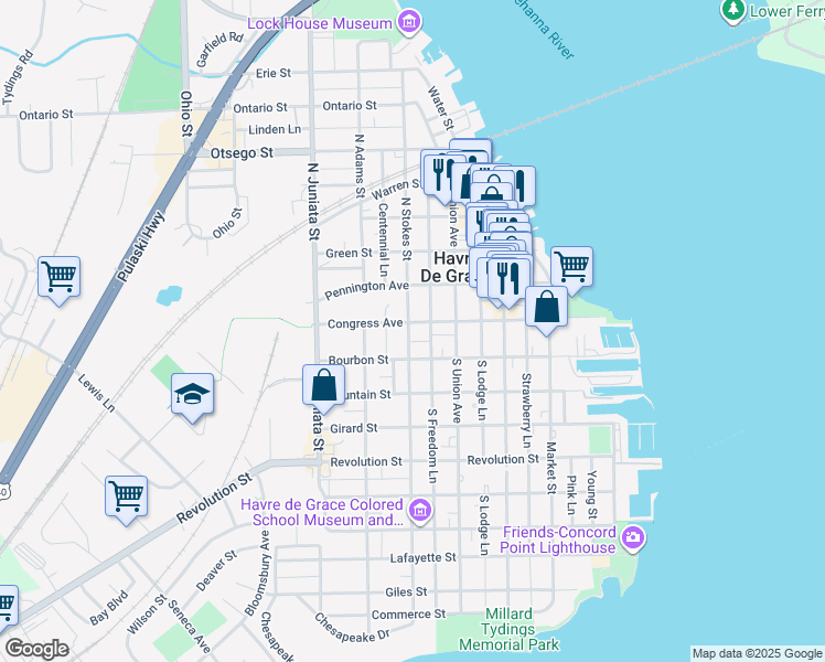 map of restaurants, bars, coffee shops, grocery stores, and more near 568 Congress Avenue in Havre de Grace