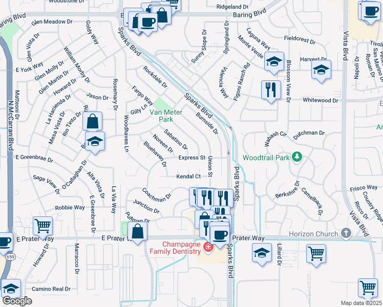 map of restaurants, bars, coffee shops, grocery stores, and more near 1651 Fargo Way in Sparks