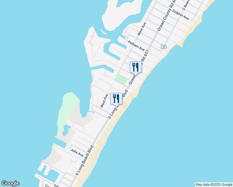 map of restaurants, bars, coffee shops, grocery stores, and more near 2600 South Bay Avenue in Long Beach