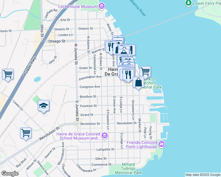 map of restaurants, bars, coffee shops, grocery stores, and more near 500 Congress Avenue in Havre de Grace