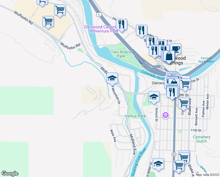 map of restaurants, bars, coffee shops, grocery stores, and more near 719 Red Mountain Drive in Glenwood Springs