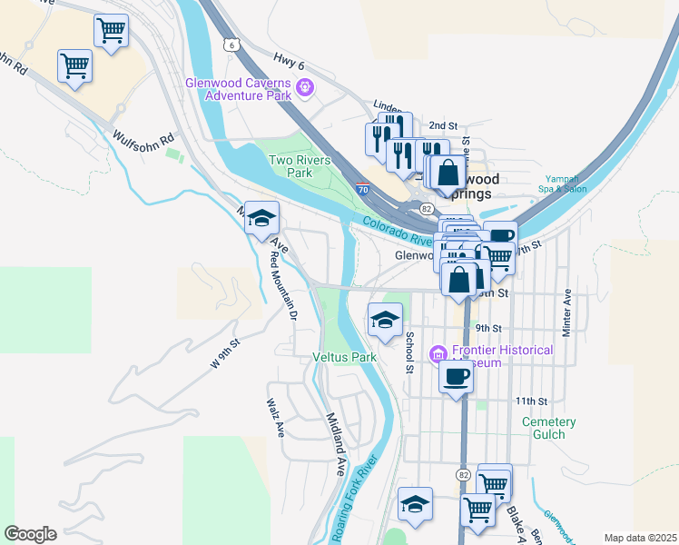 map of restaurants, bars, coffee shops, grocery stores, and more near 710 Cowdin Dr in Glenwood Springs