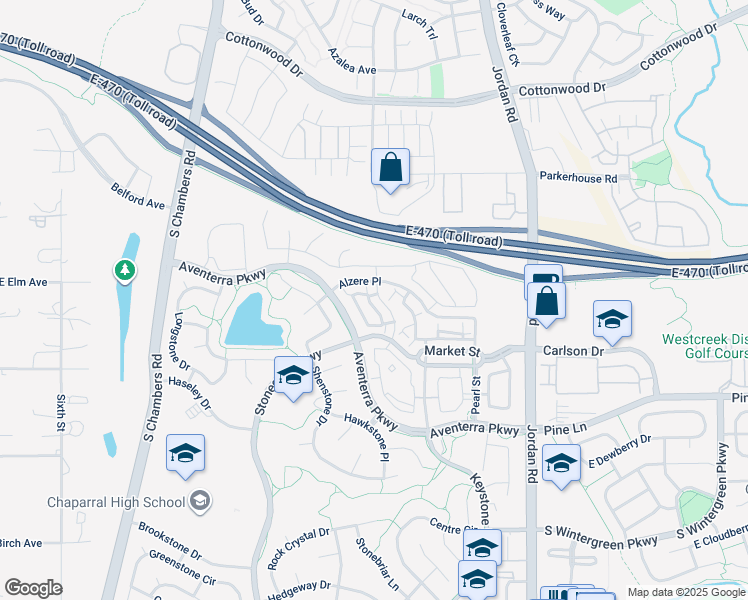 map of restaurants, bars, coffee shops, grocery stores, and more near 9301 Amison Circle in Parker