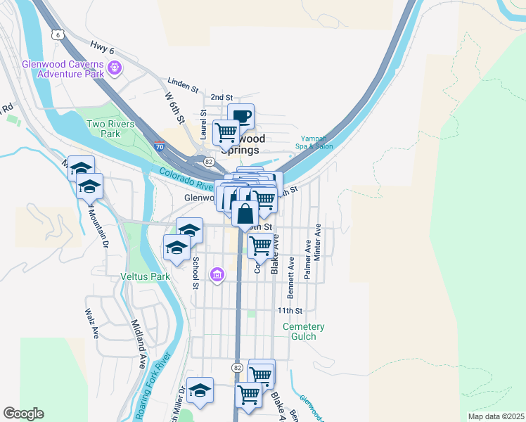 map of restaurants, bars, coffee shops, grocery stores, and more near 710 Cooper Avenue in Glenwood Springs