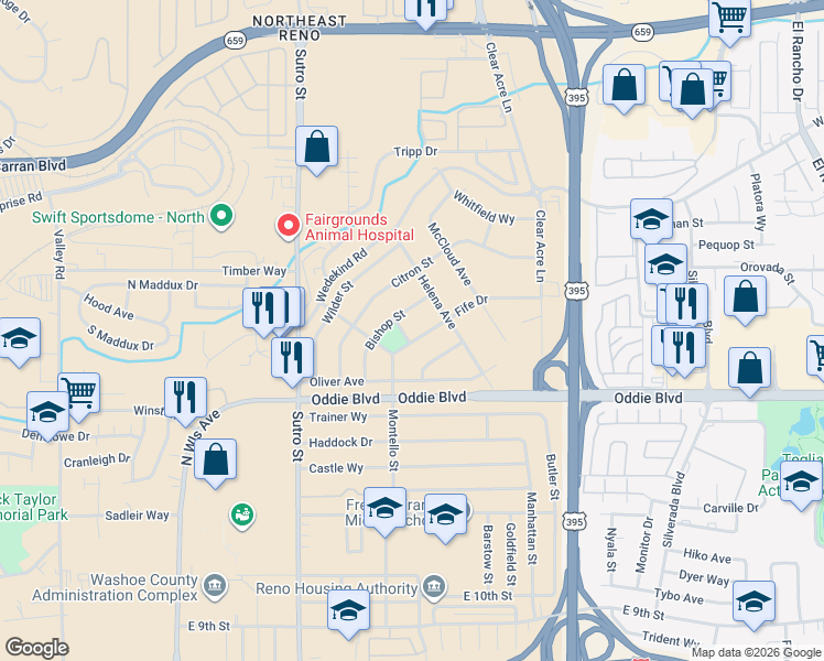 map of restaurants, bars, coffee shops, grocery stores, and more near 1950 Reed Street in Reno