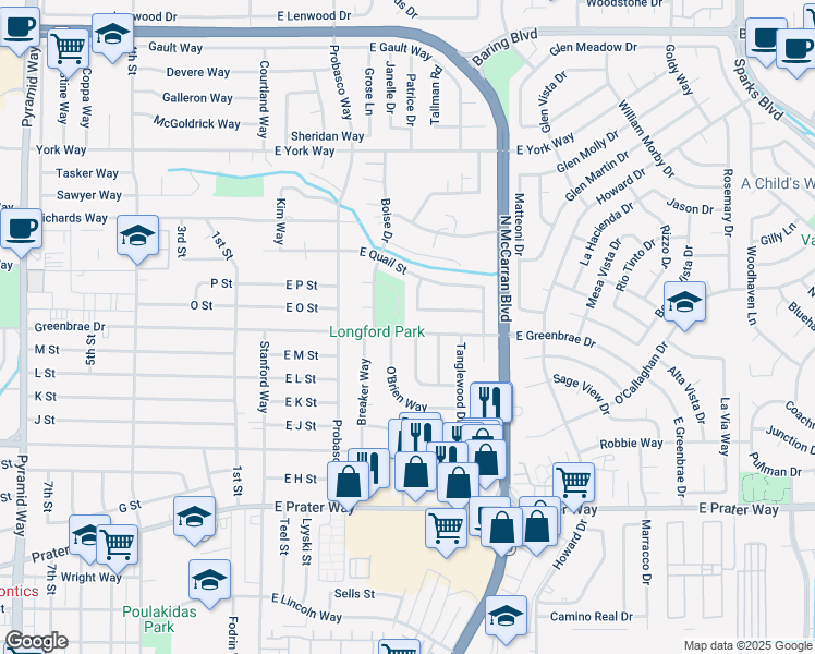 map of restaurants, bars, coffee shops, grocery stores, and more near 360 East Greenbrae Drive in Sparks
