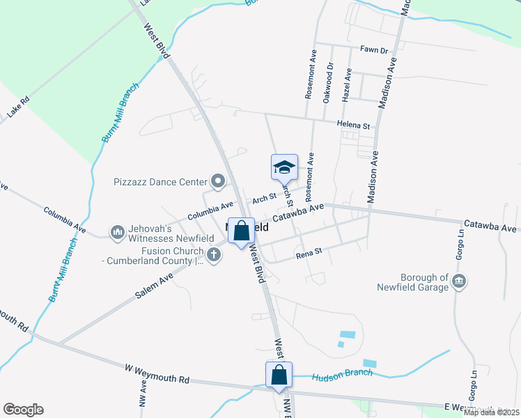 map of restaurants, bars, coffee shops, grocery stores, and more near 7 Arch Street in Newfield