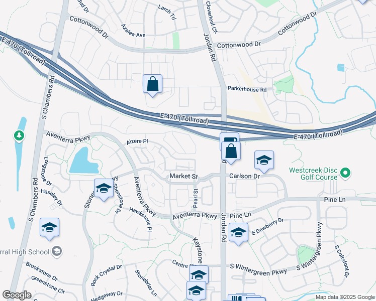 map of restaurants, bars, coffee shops, grocery stores, and more near 16701 Market Street in Parker