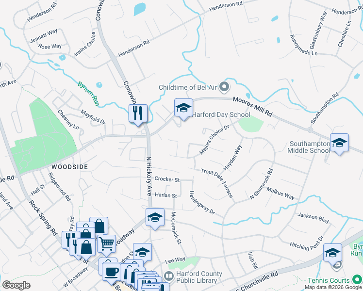 map of restaurants, bars, coffee shops, grocery stores, and more near 721 Orley Place in Bel Air