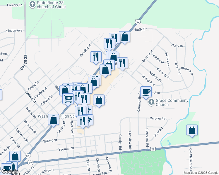 map of restaurants, bars, coffee shops, grocery stores, and more near 40 Residence Drive in Washington Court House