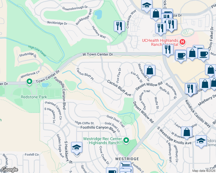 map of restaurants, bars, coffee shops, grocery stores, and more near 2319 West Indian Paintbrush Drive in Littleton