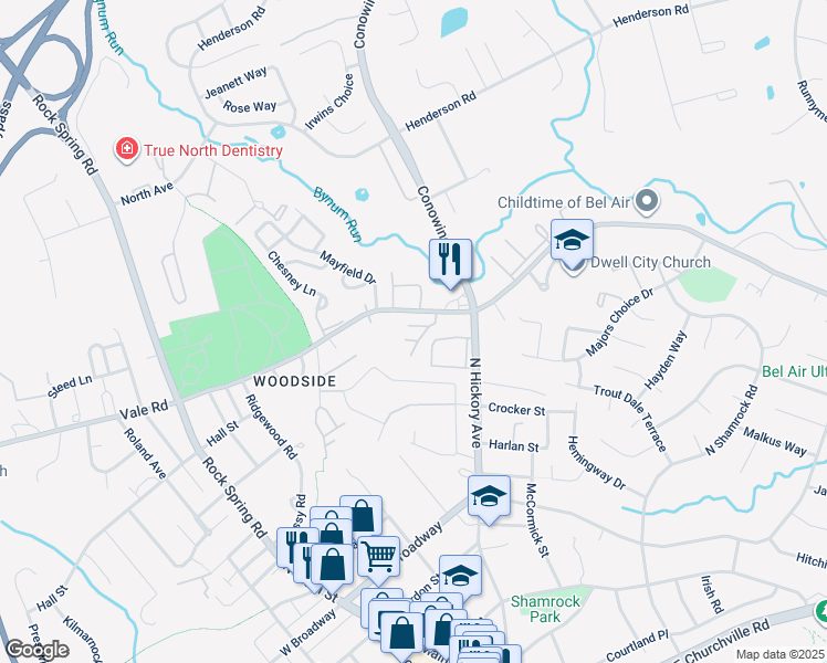 map of restaurants, bars, coffee shops, grocery stores, and more near 457 Moores Mill Road in Bel Air